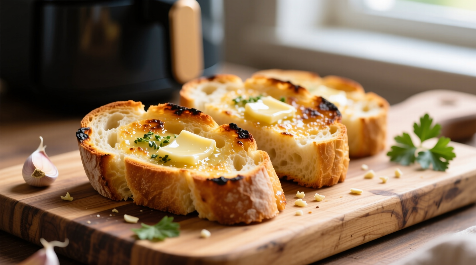 Perfectly golden air fryer garlic bread on wooden cutting board
