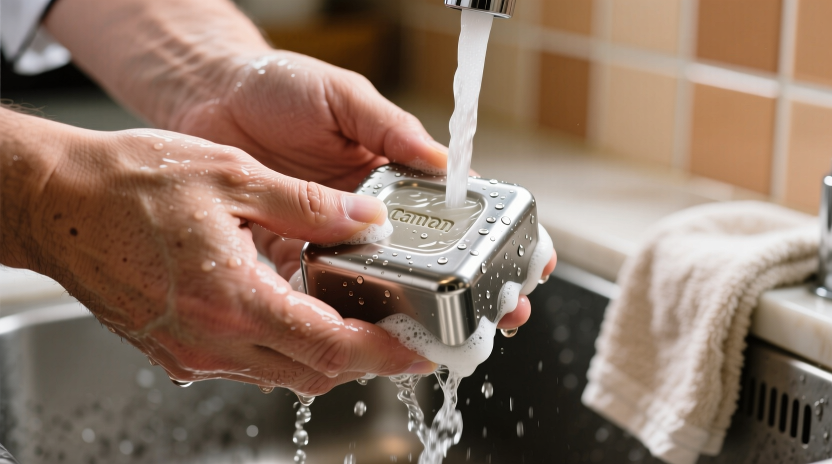 Chef's hands rubbing stainless steel soap under running water