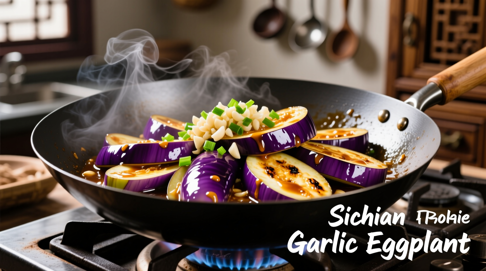 Glossy Chinese eggplant with garlic sauce in wok