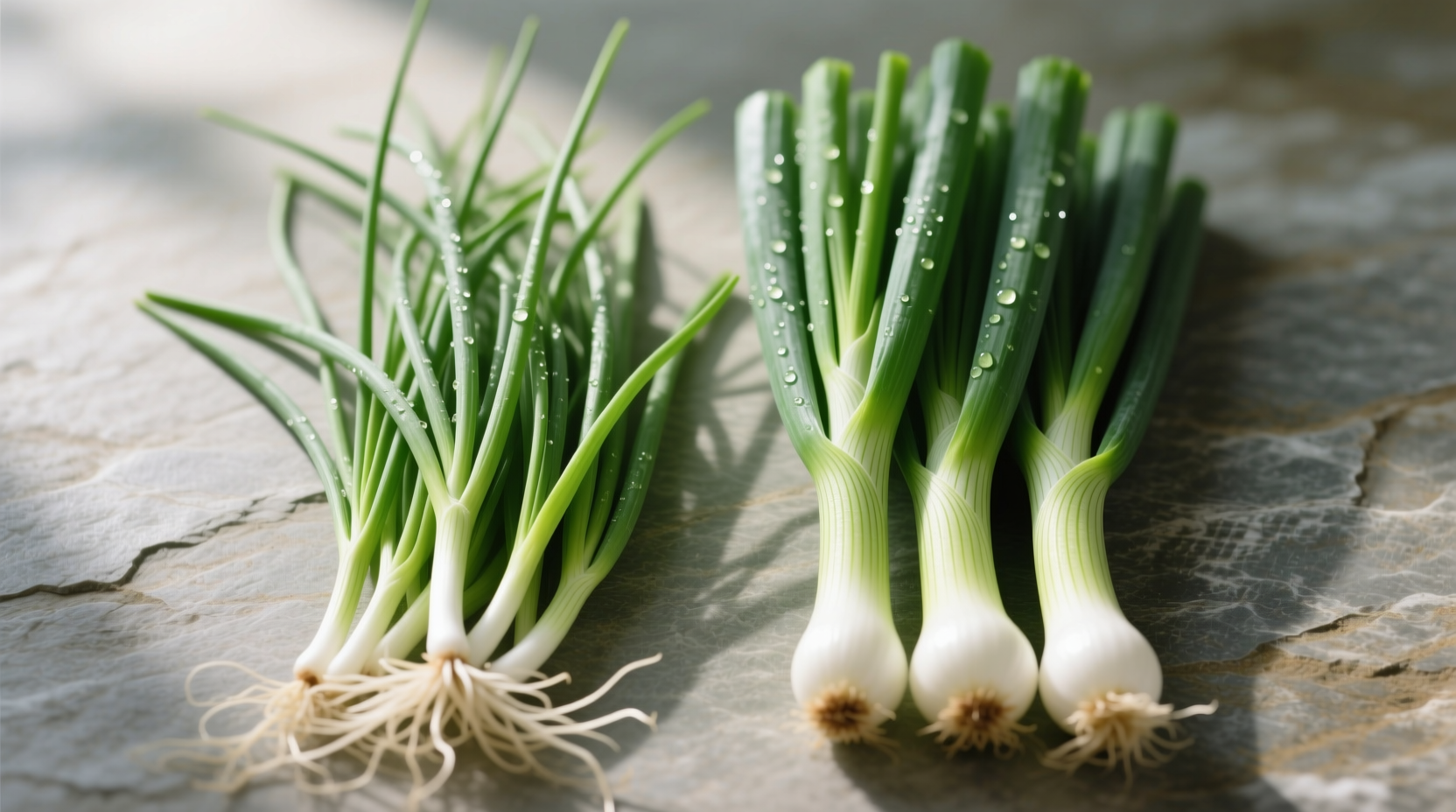 Fresh chives and green onions side by side comparison