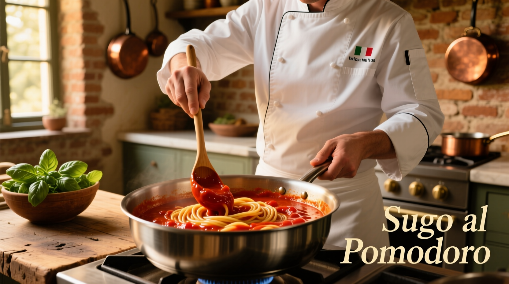 Chef stirring tomato paste into rich pasta sauce