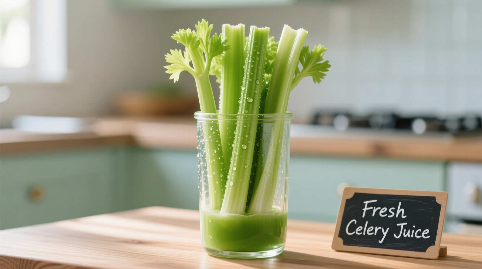 Fresh celery stalks in glass juice container
