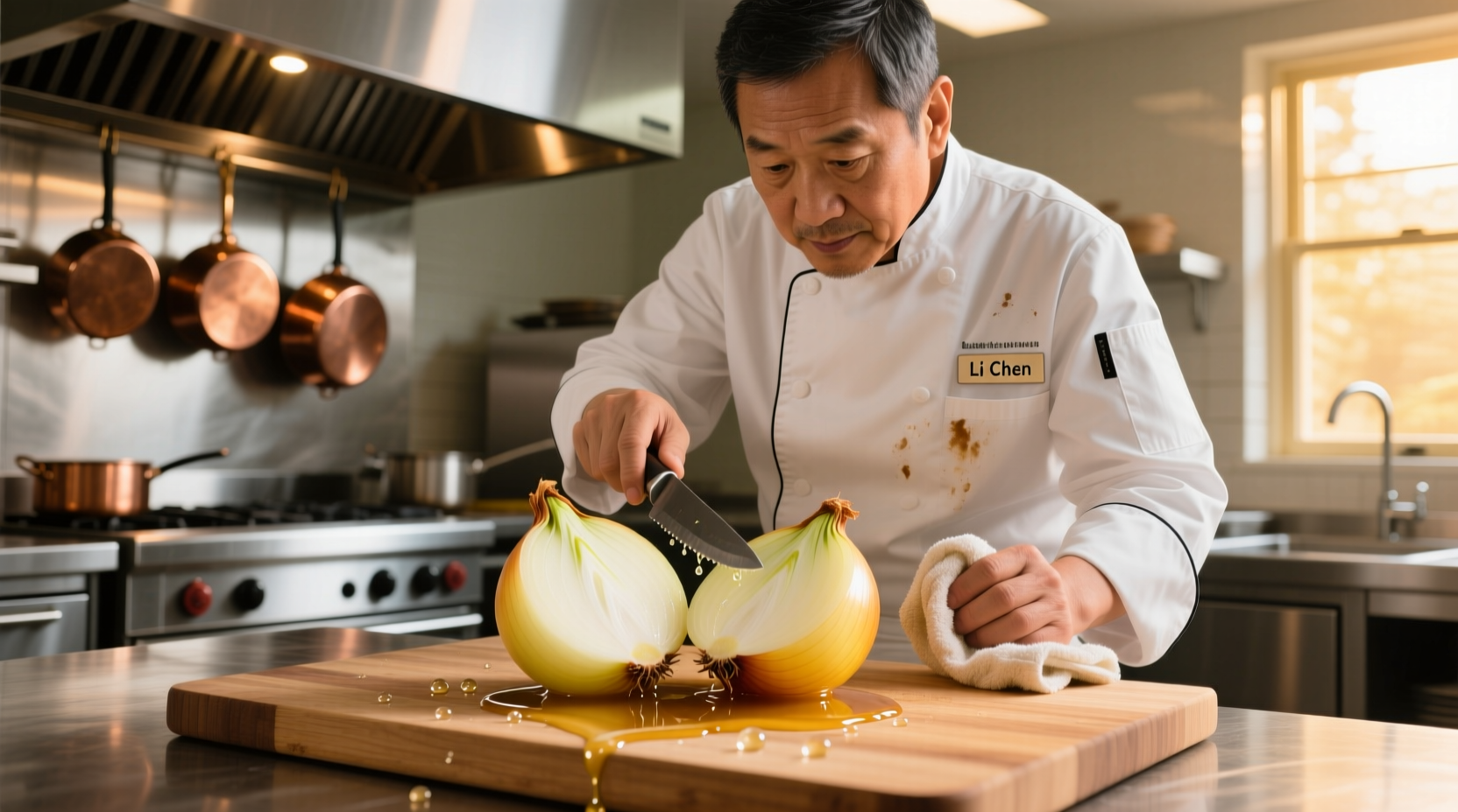 Professional chef examining leaking onion on cutting board