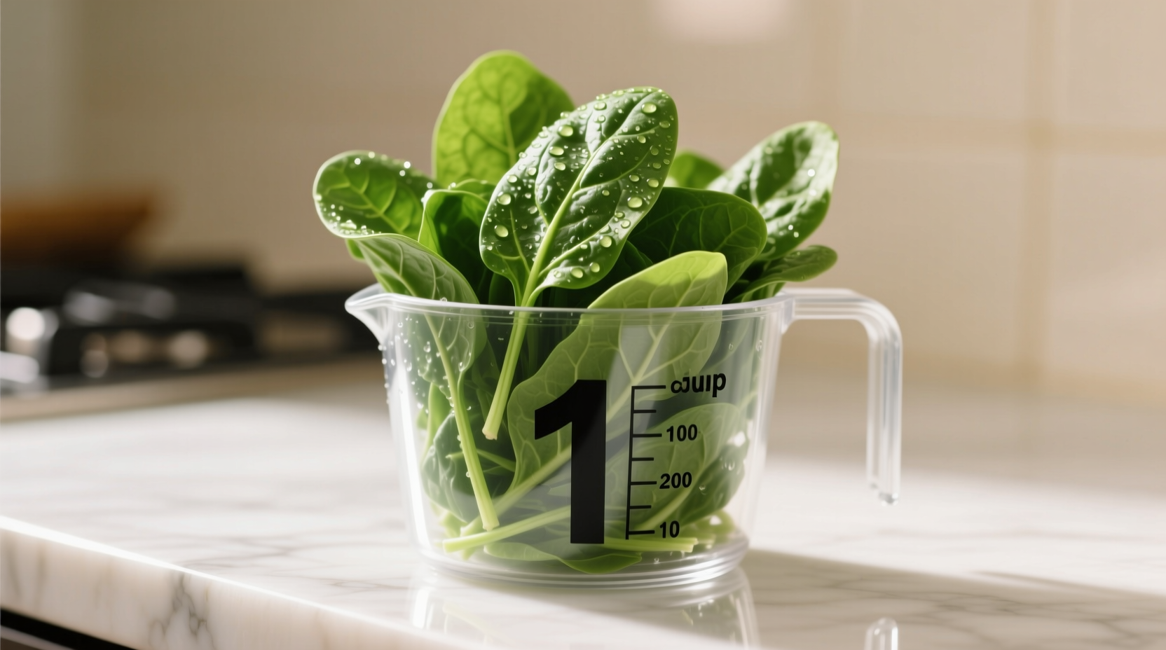 Fresh spinach leaves in a measuring cup