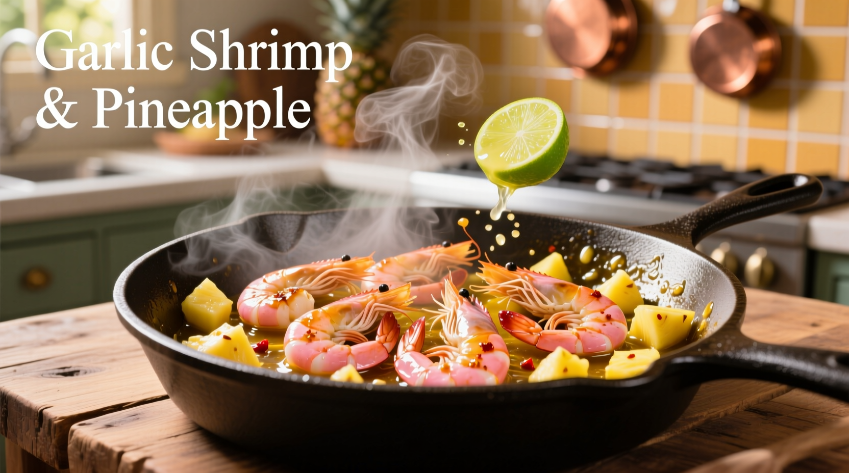 Sizzling garlic shrimp in cast iron skillet with pineapple