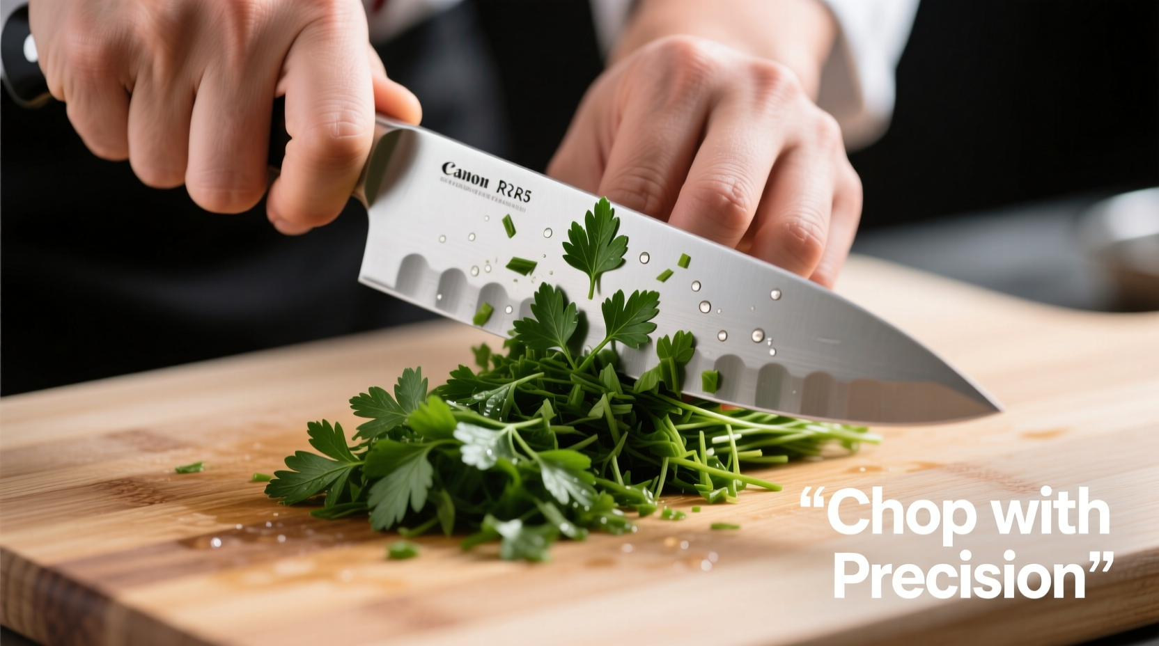 Chef's hand demonstrating proper parsley chopping technique with sharp knife