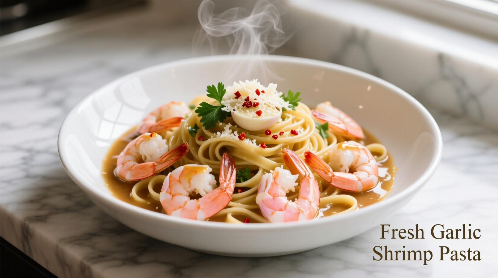 Fresh garlic shrimp pasta in white bowl
