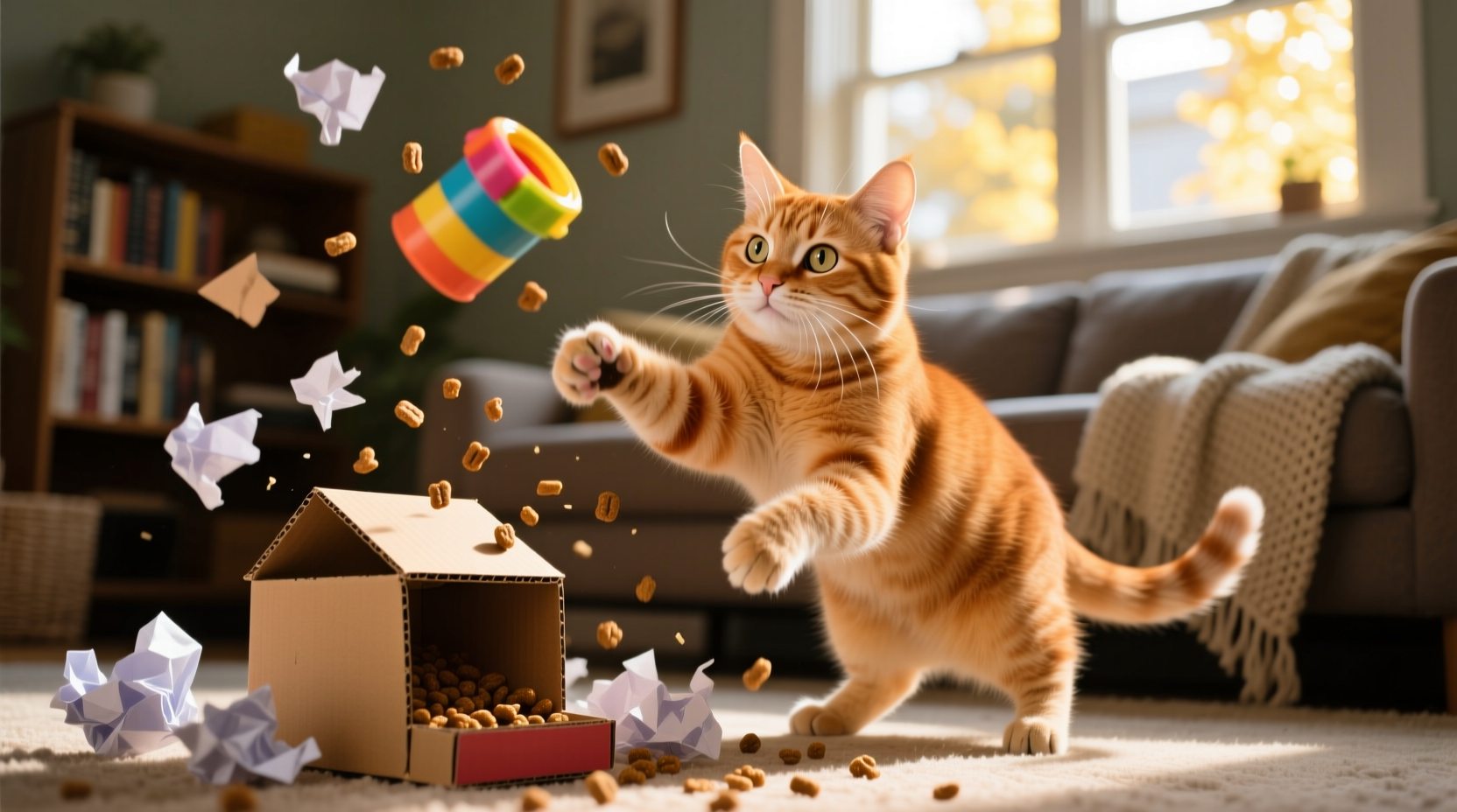 Cat playing with cardboard treat dispenser toy