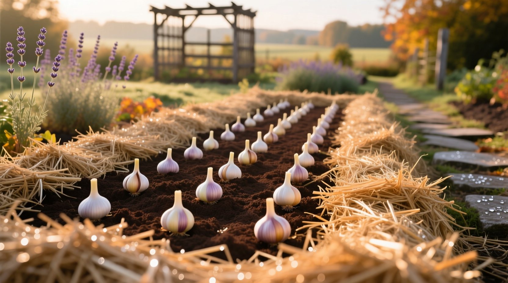 Garlic cloves planted in fall garden bed with mulch