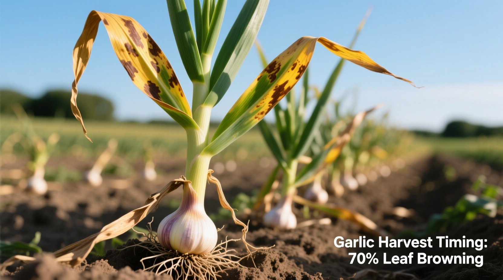 Garlic harvest timing visual indicators showing leaf browning pattern