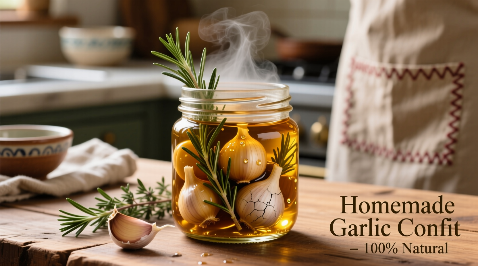 Homemade garlic confit in mason jar with fresh herbs