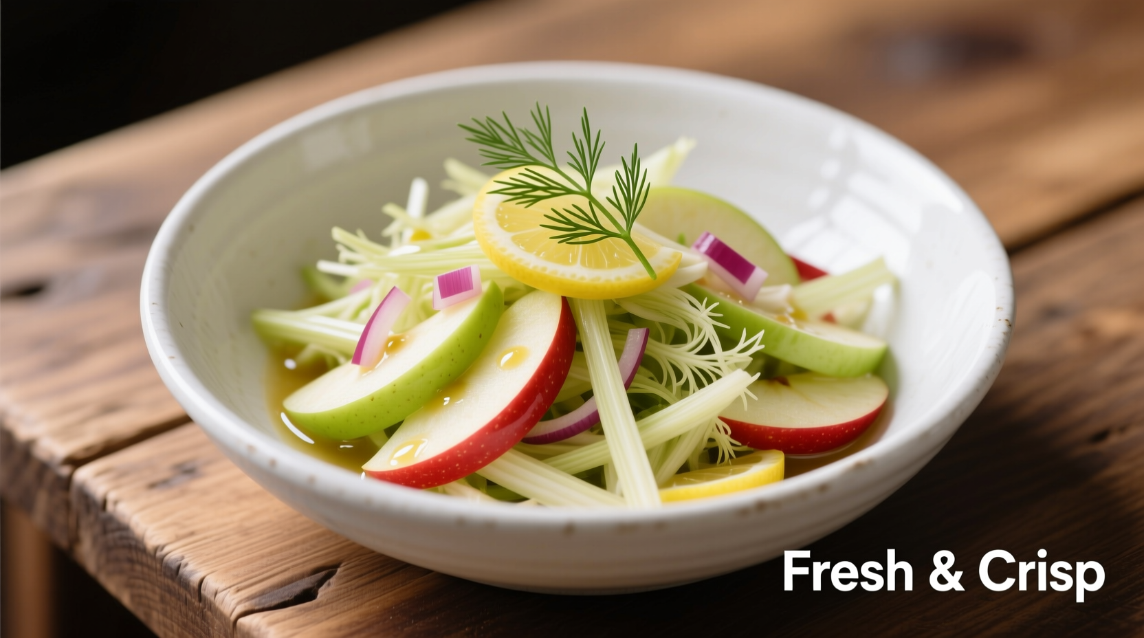 Crisp apple fennel slaw in white ceramic bowl