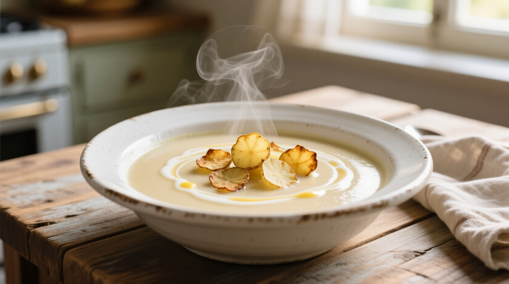 Creamy potato soup with potato flakes in white bowl