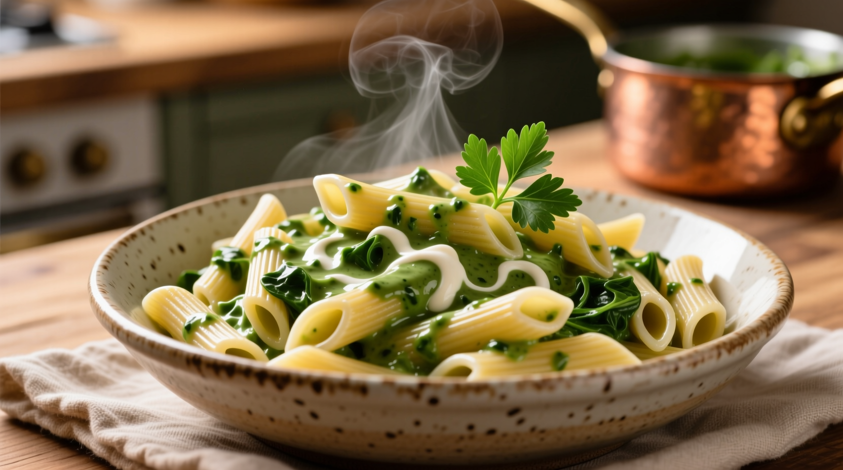 Creamy spinach sauce coating penne pasta
