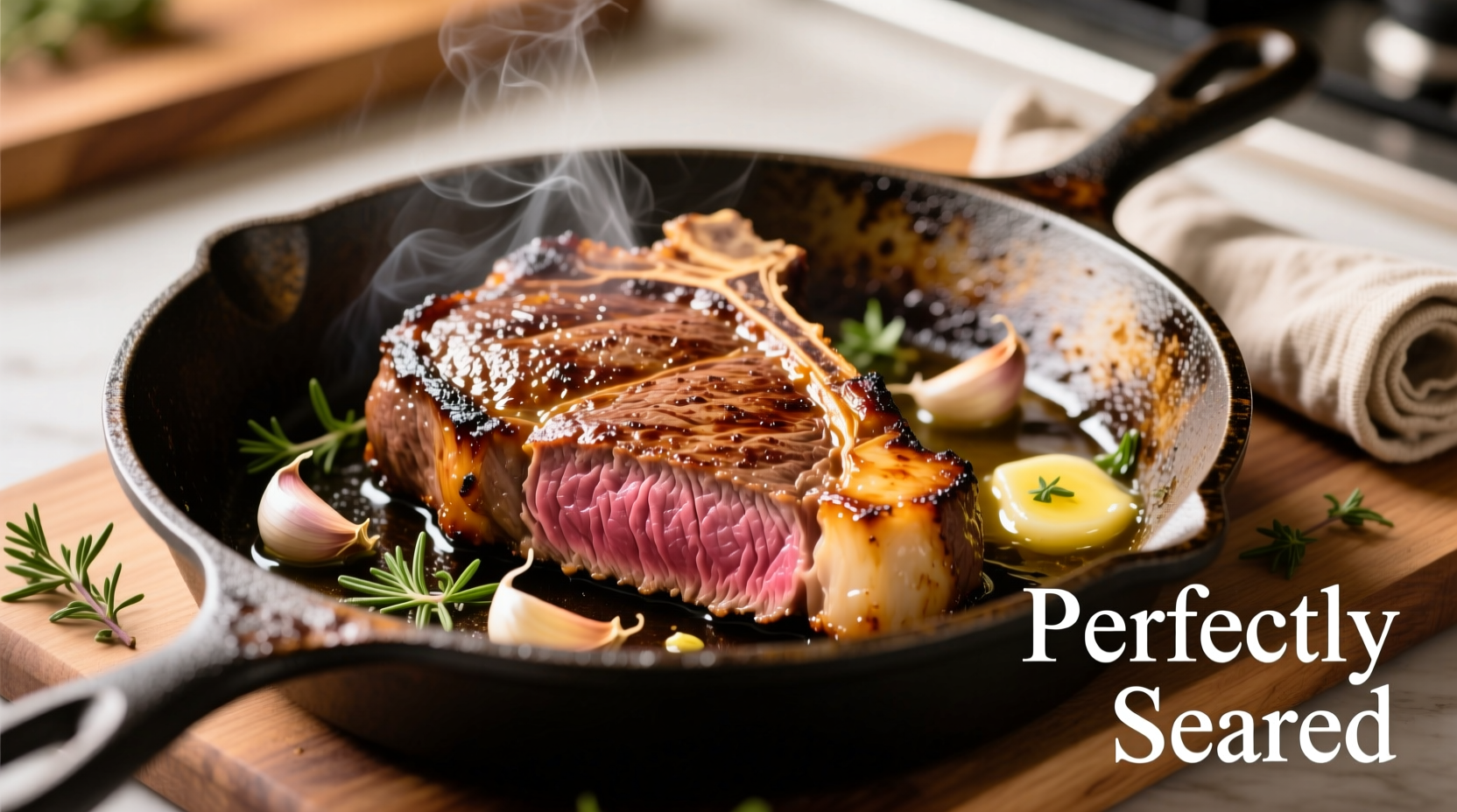 Perfectly seared garlic butter steak in cast iron skillet