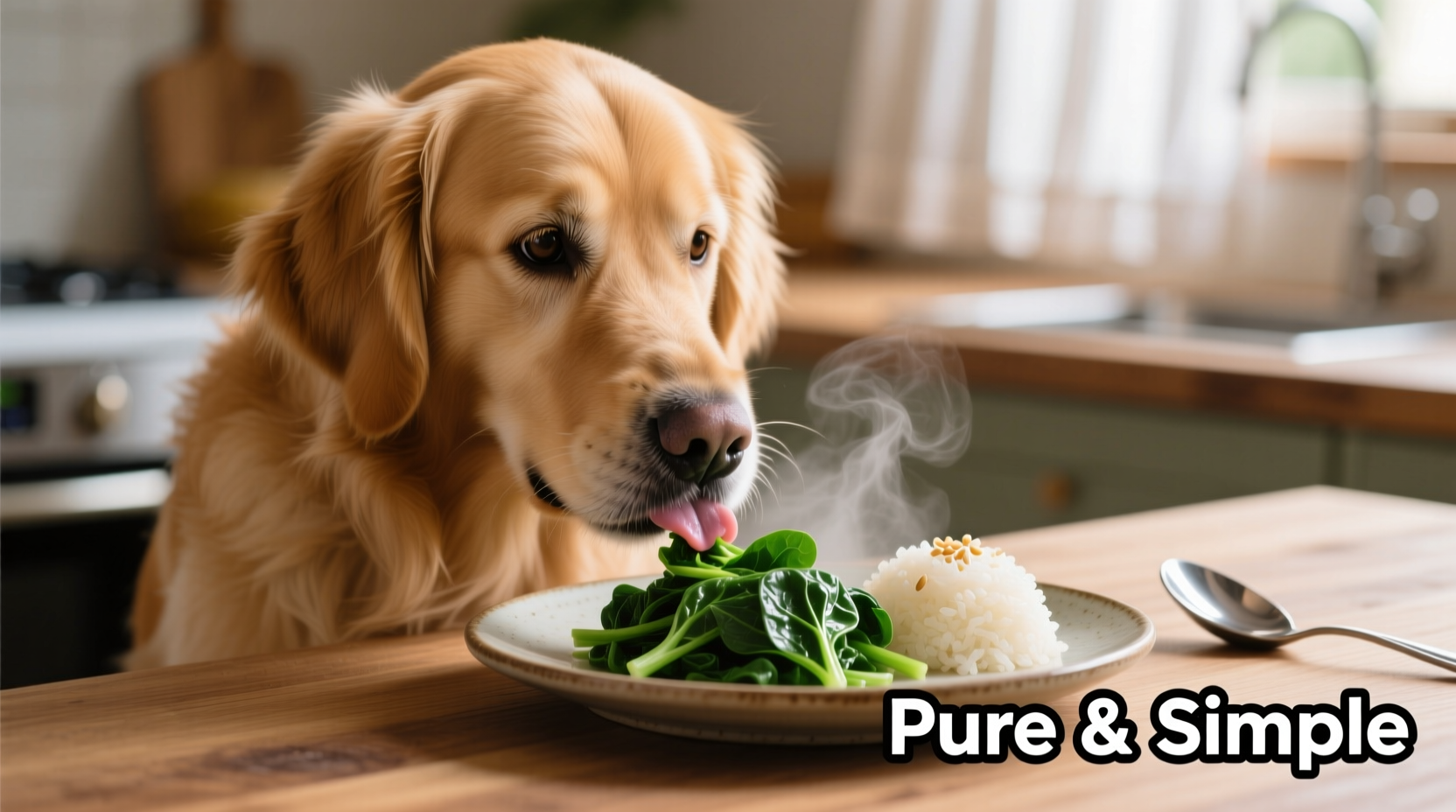Dog eating small portion of cooked spinach