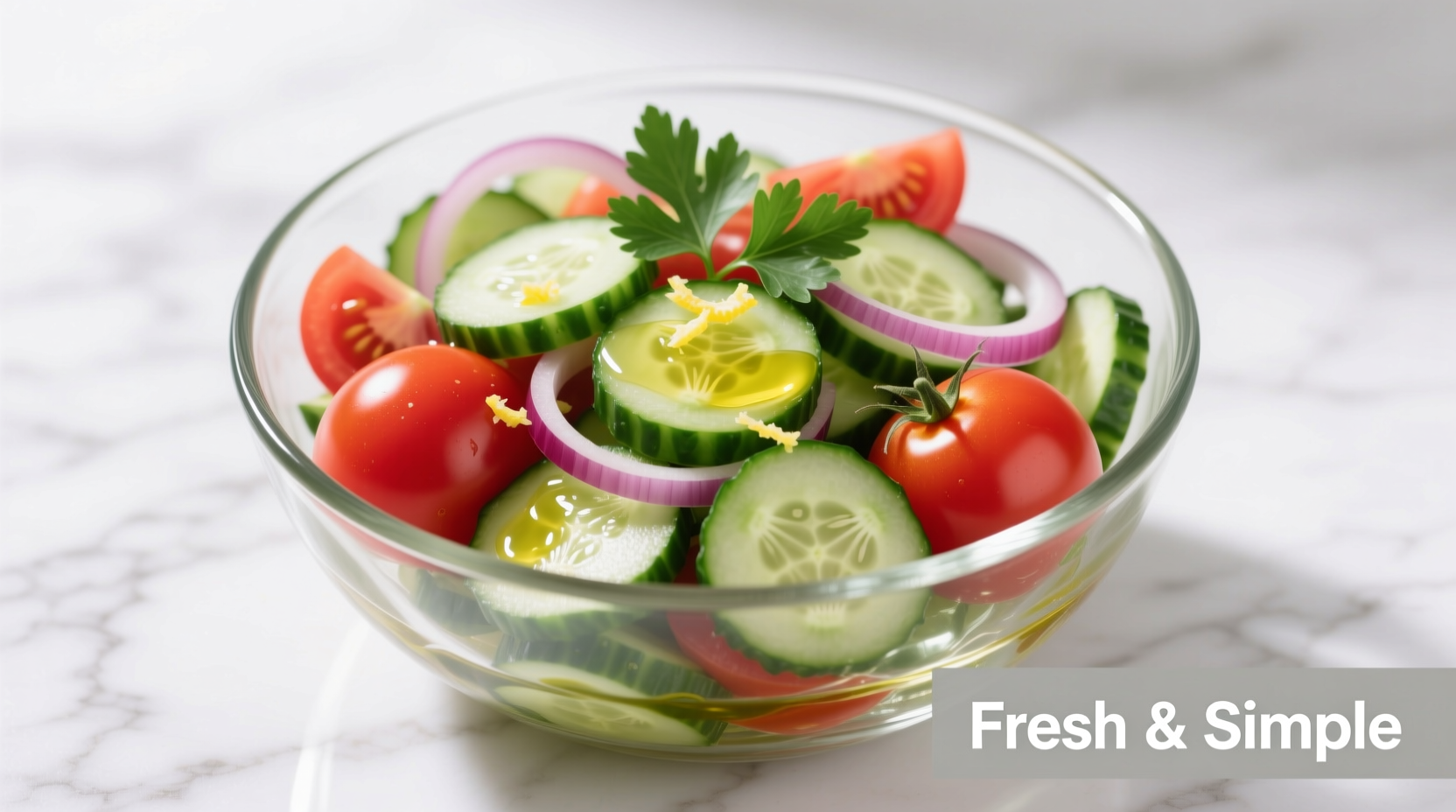 Fresh cucumber tomato salad in glass bowl