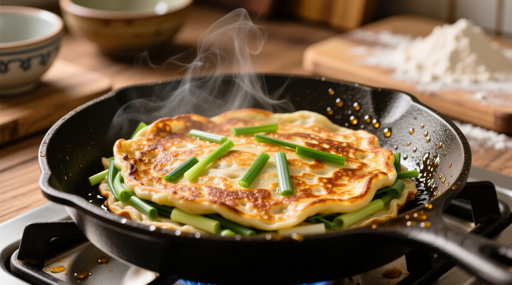 Homemade green onion pancakes golden brown in skillet
