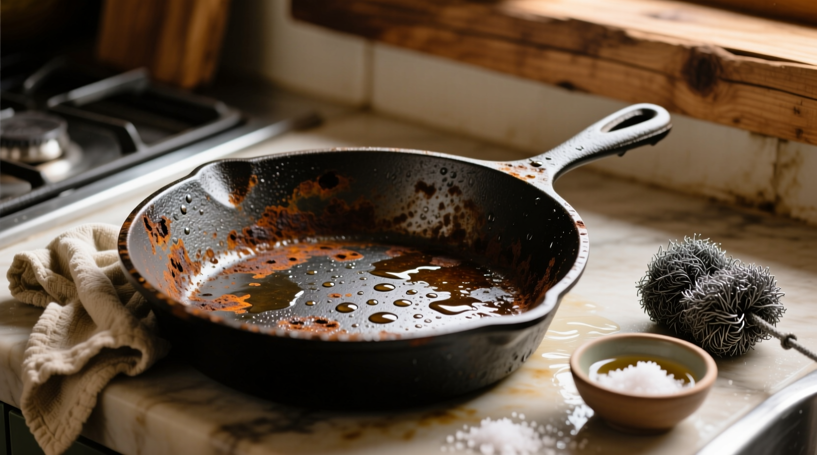 how to clean rusty cast iron skillet