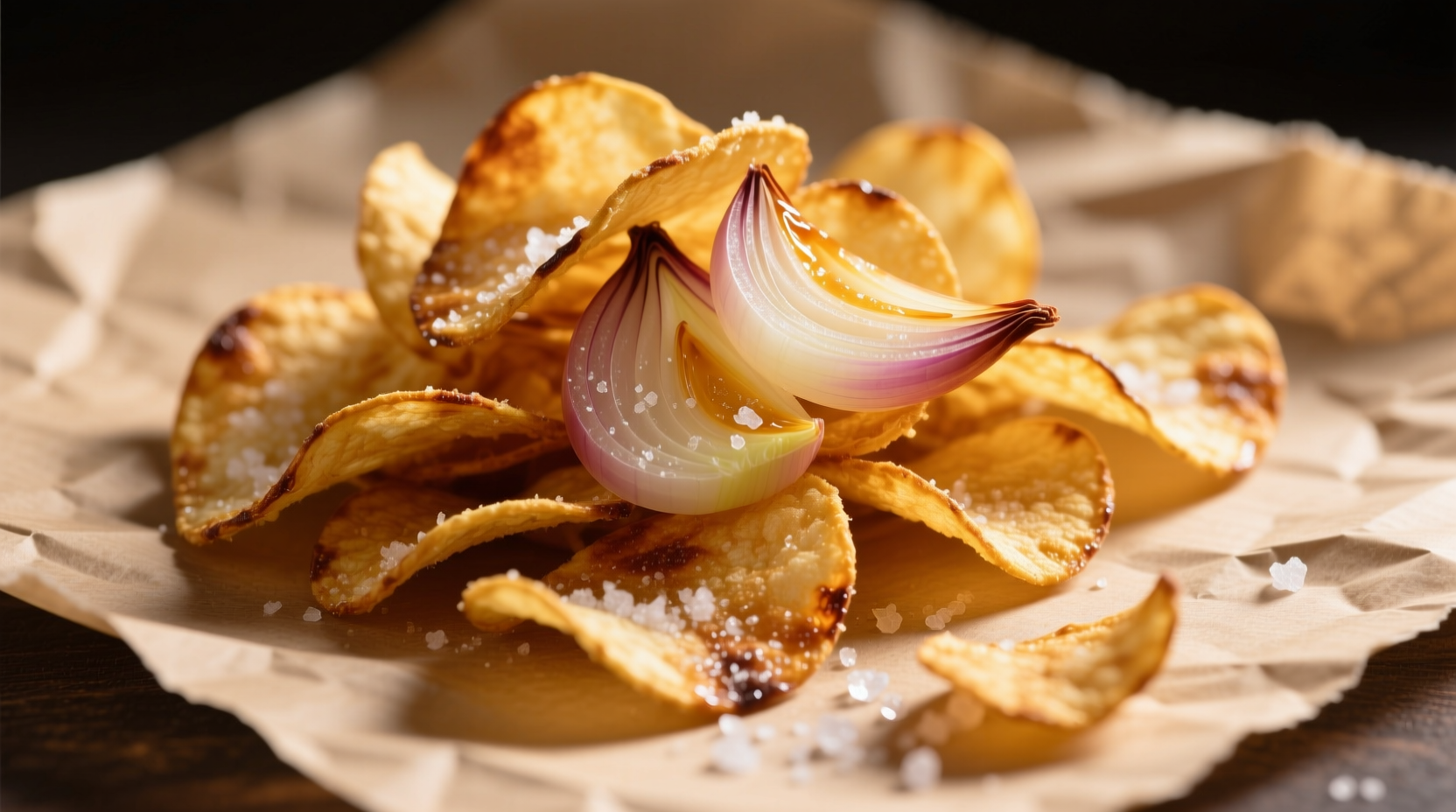 Golden sweet onion chips on parchment paper