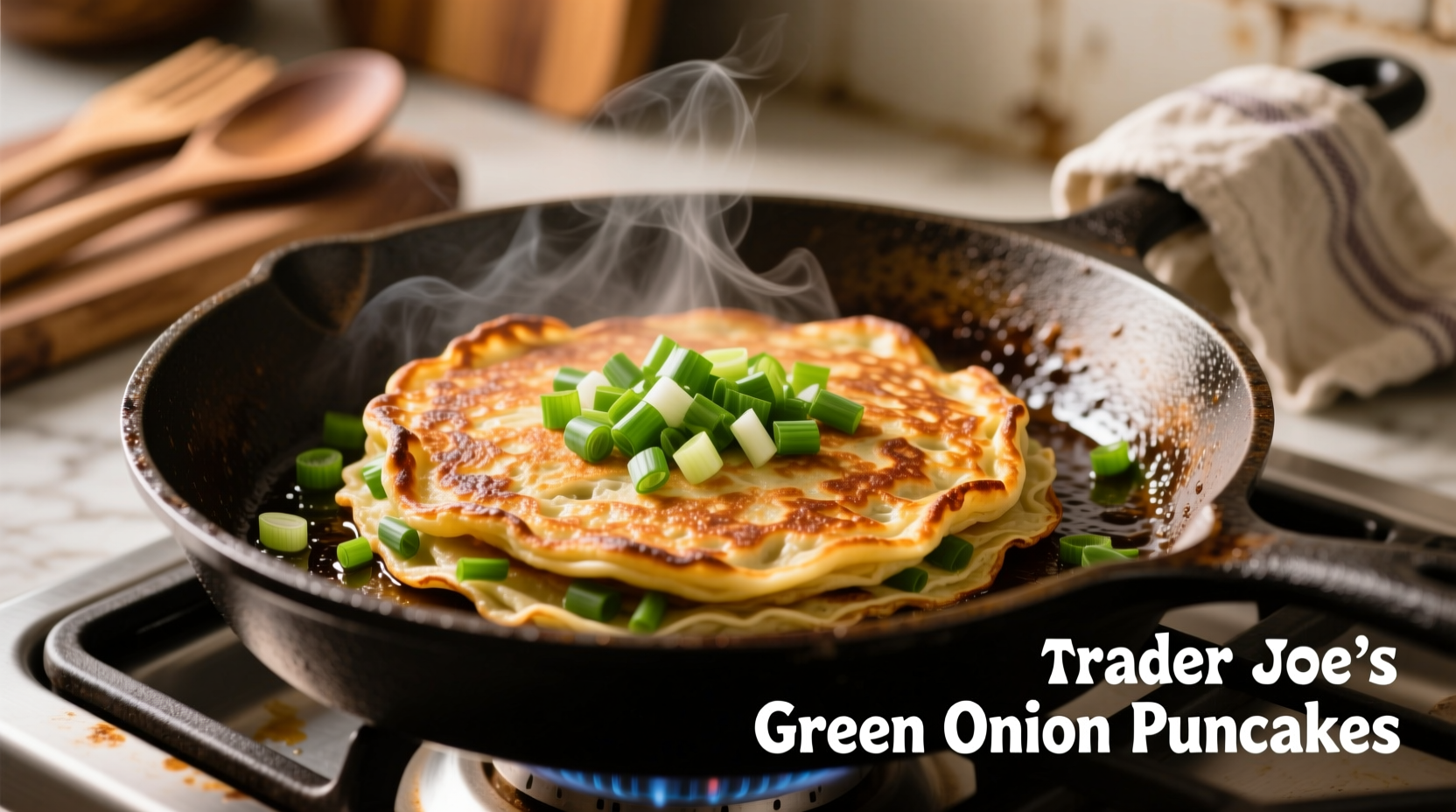 Trader Joe's green onion pancakes golden brown in skillet