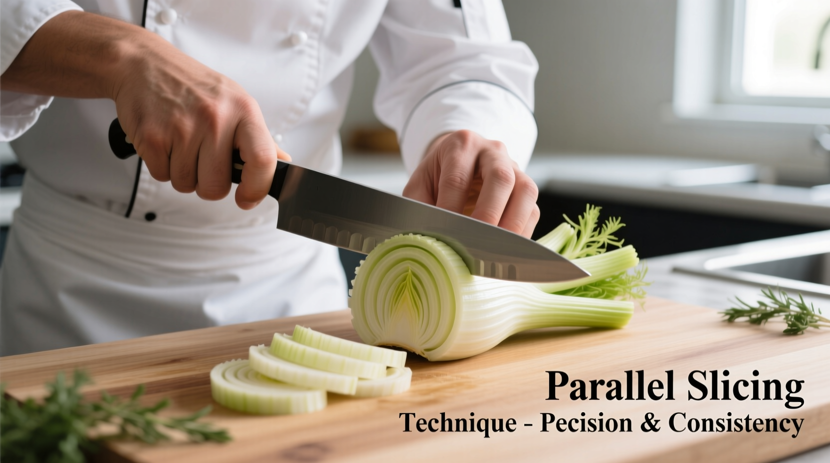 Chef demonstrating proper fennel slicing technique with parallel cuts