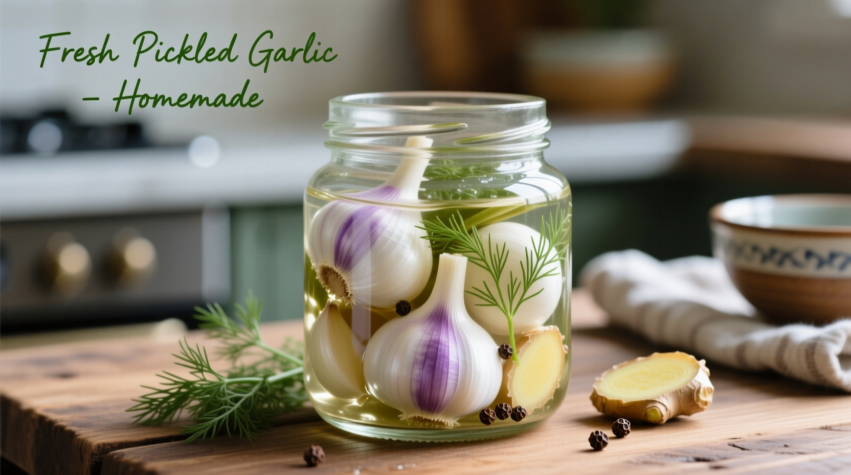 Fresh pickled garlic cloves in glass jar with herbs