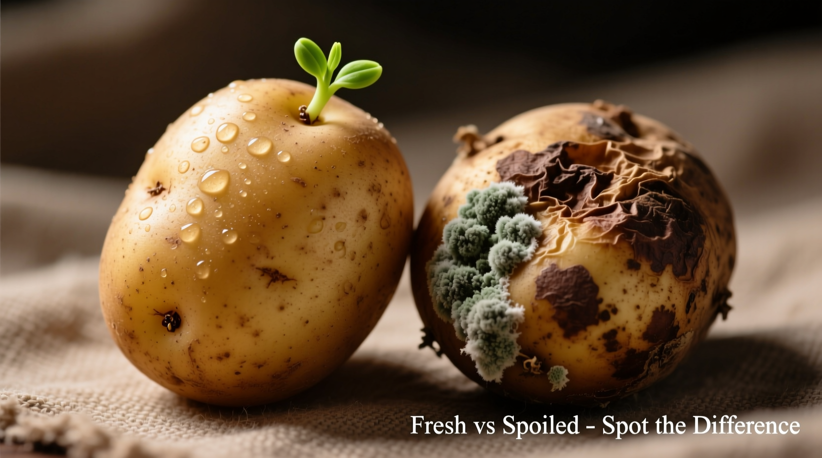 Close-up of fresh versus spoiled potatoes comparison