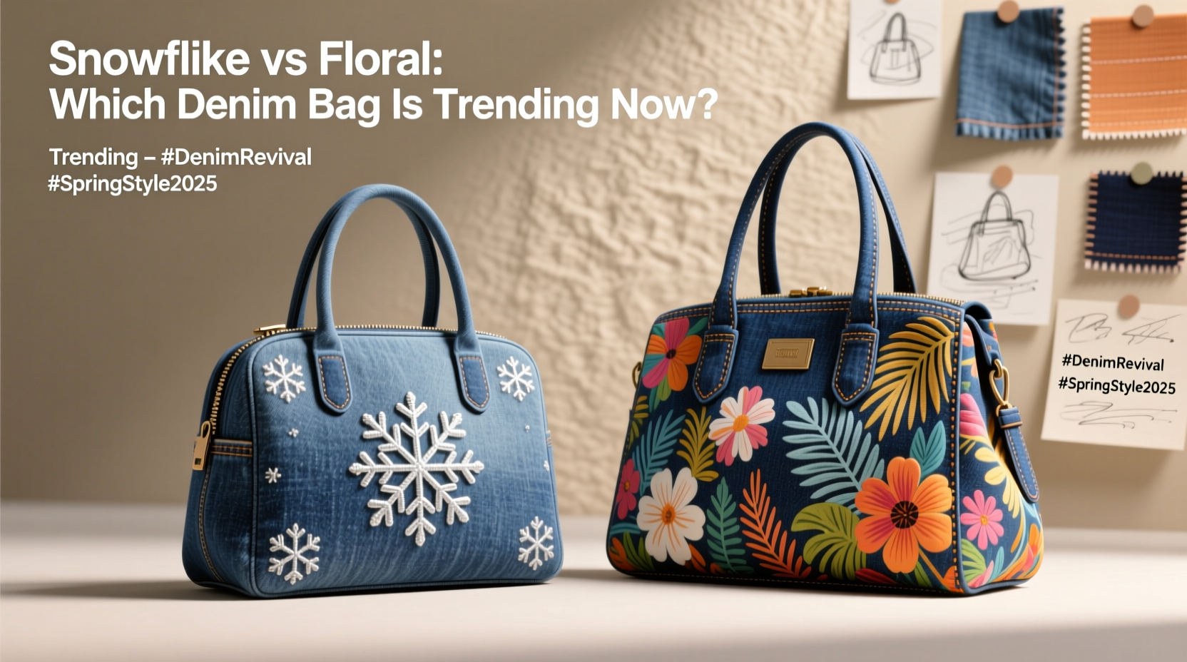 snowflake denim bags or floral bags which ones getting more attention right now