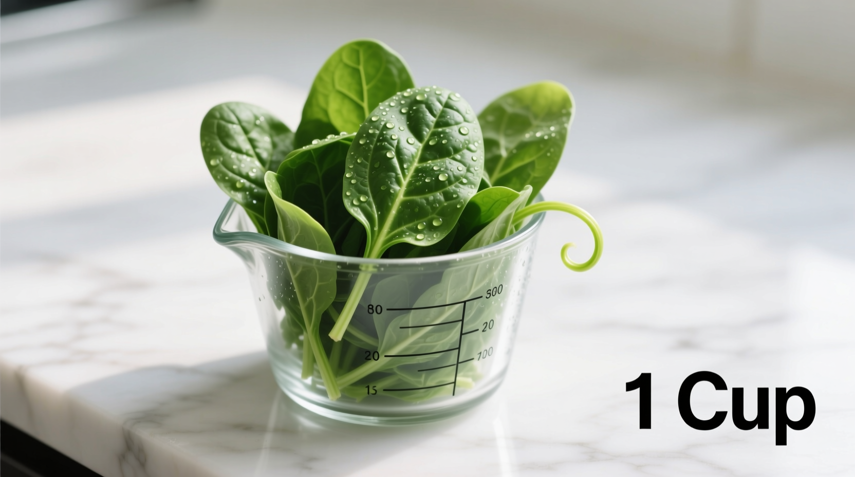 Fresh spinach leaves in measuring cup