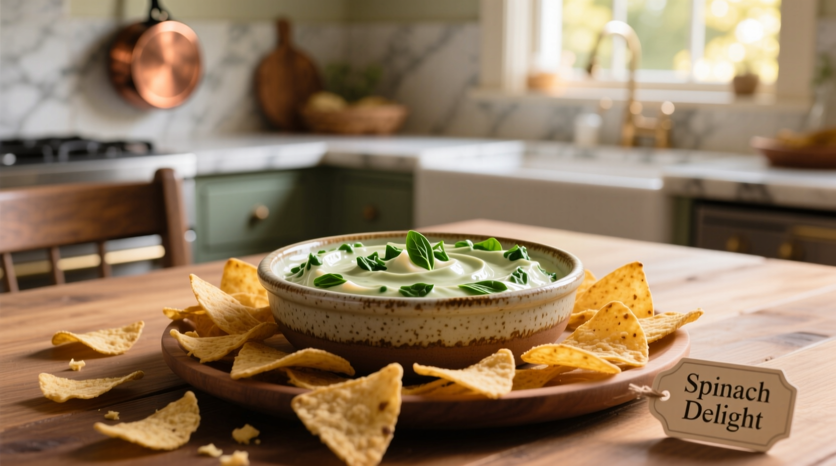 Creamy spinach dip in ceramic dish surrounded by Tostitos chips