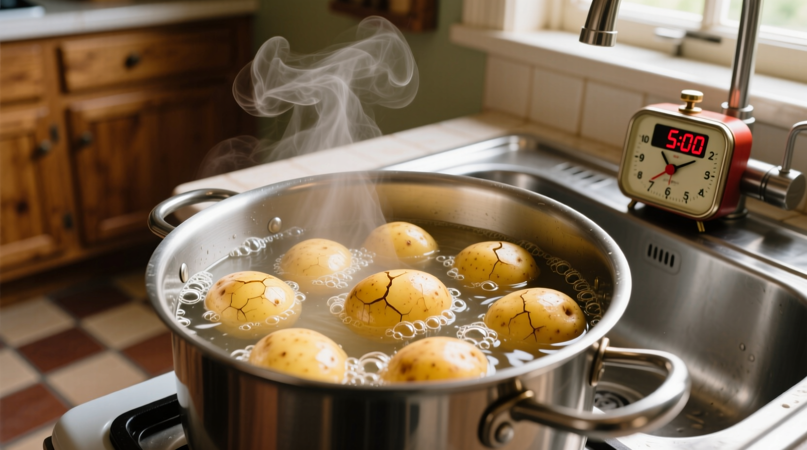 Perfectly cooked potatoes in boiling water with timer