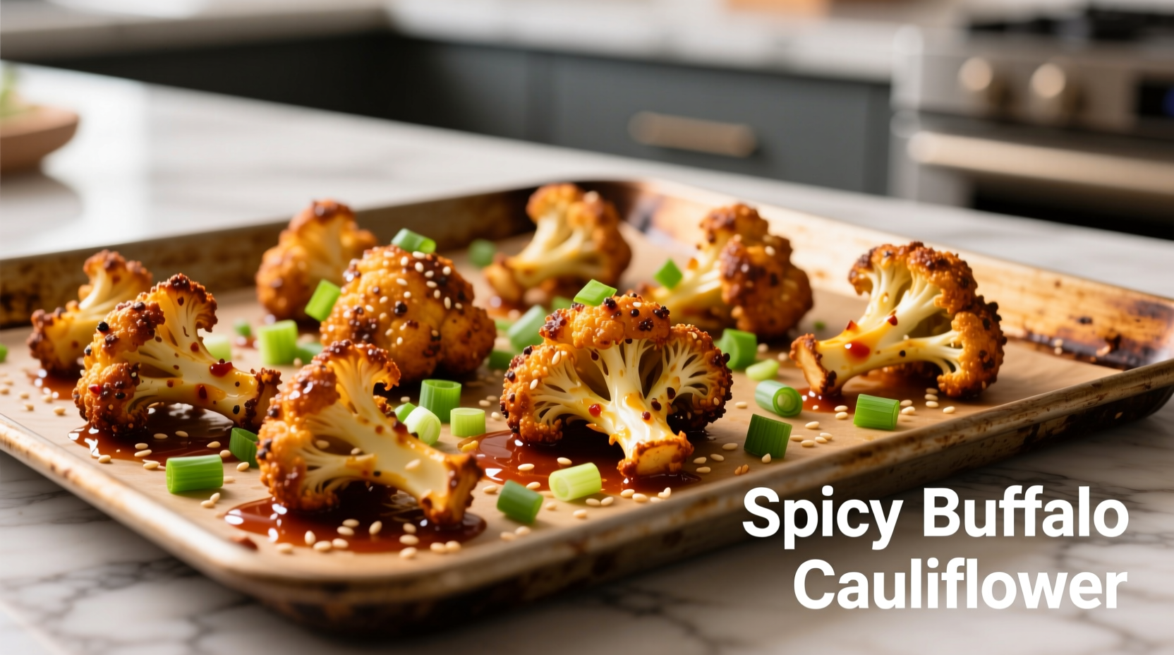 Golden crispy buffalo cauliflower on baking sheet