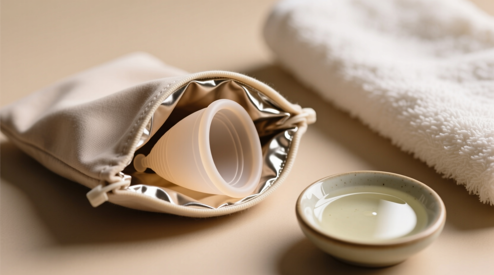 Close-up photo of a folded silicone menstrual cup placed inside a soft, matte-finish fabric pouch with visible stitching; one corner is turned inside-out to reveal a subtle metallic sheen on the inner lining, beside a small dish containing clear liquid castile soap and a clean cotton towel