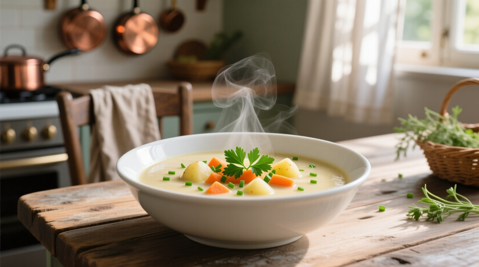 Creamy potato and carrot soup in white bowl with fresh herbs
