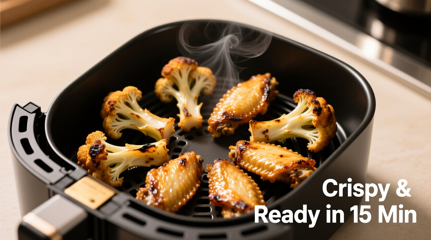 Golden brown cauliflower wings in air fryer basket