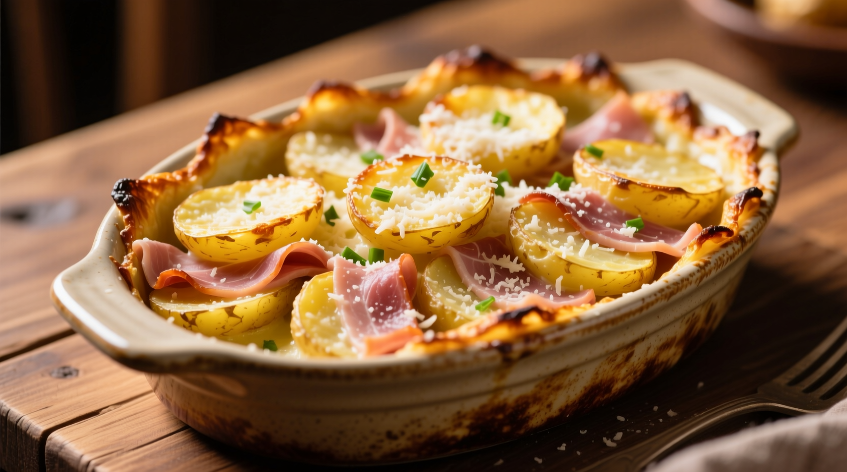 Golden baked scalloped potatoes with ham