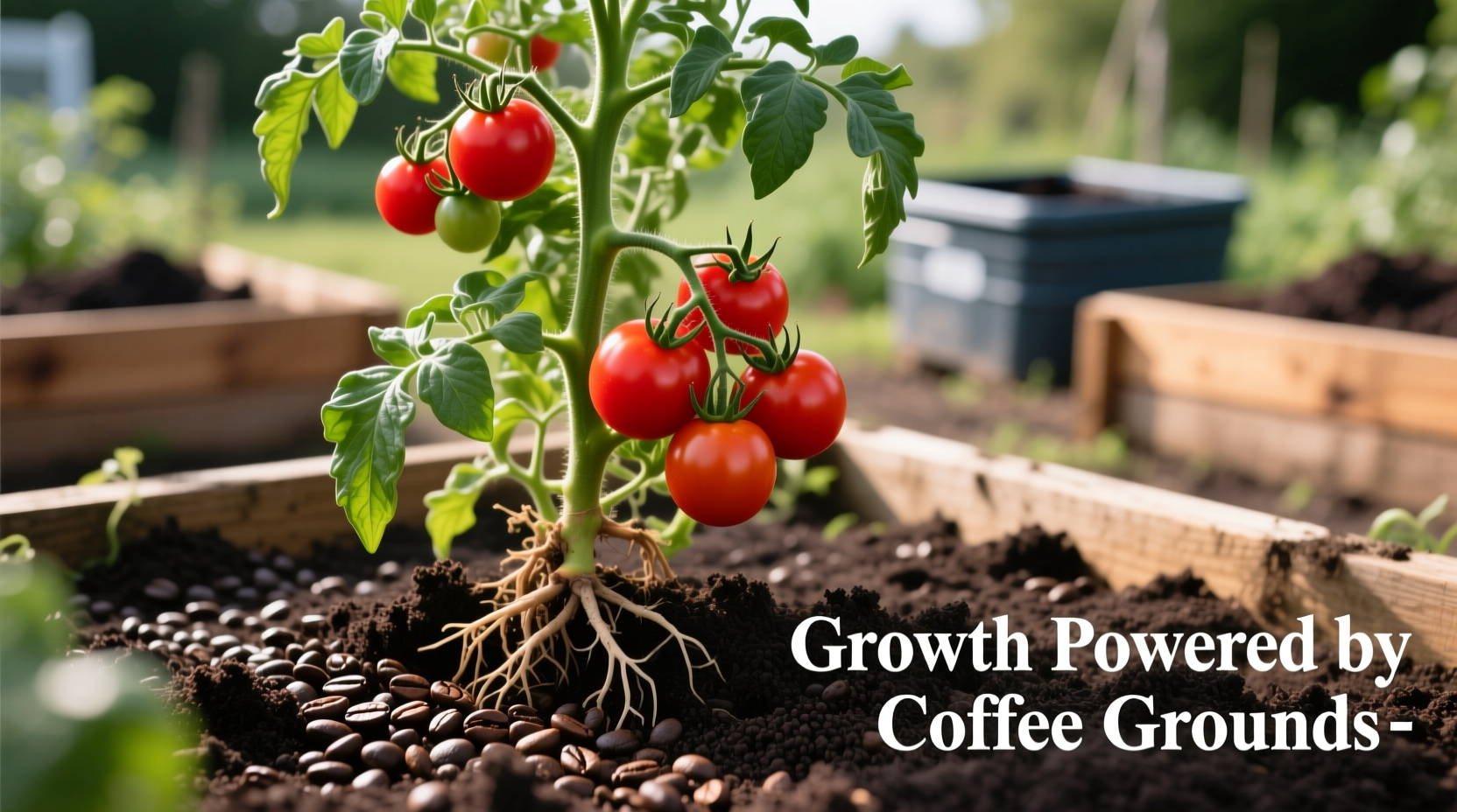 Tomato plant thriving in soil amended with coffee grounds