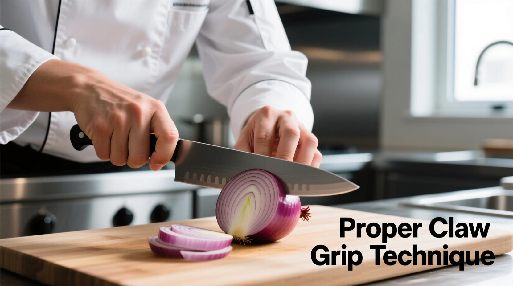Chef demonstrating proper claw grip while cutting onion