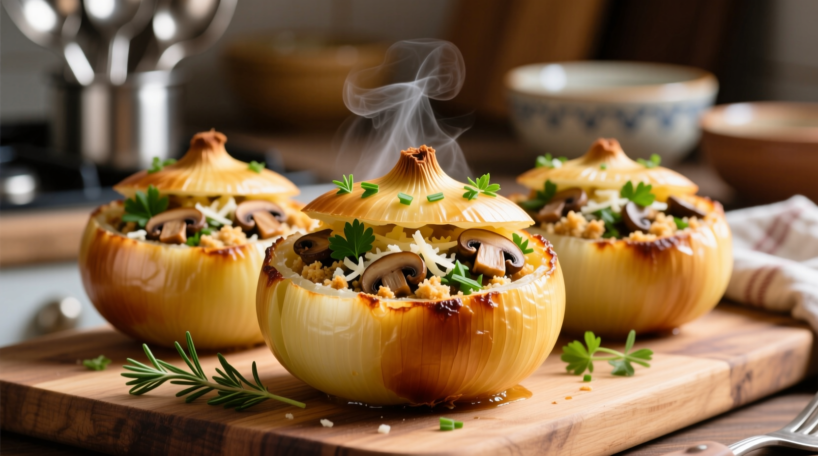 Golden baked stuffed onions with herb garnish