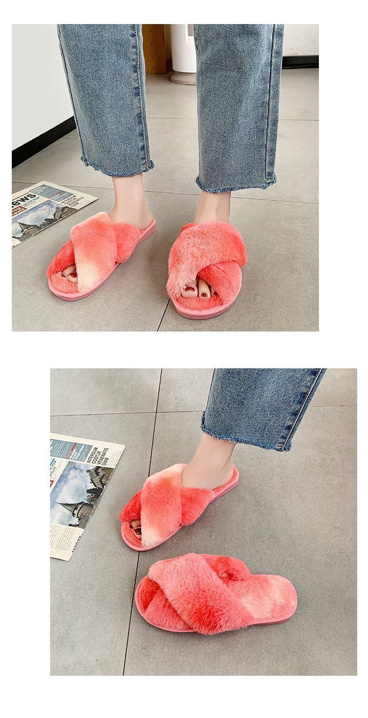 Indoor House Furry Slippers Women Winter Warm Shoes Slides Plush Flat Slipper