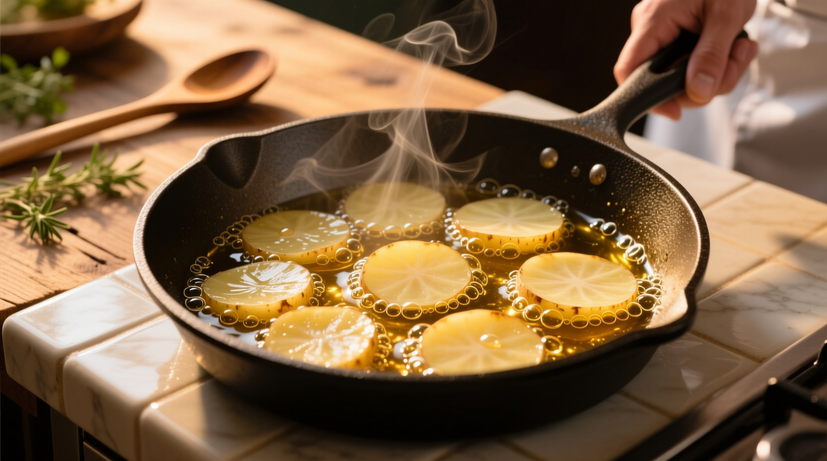 Thin potato slices frying in golden oil