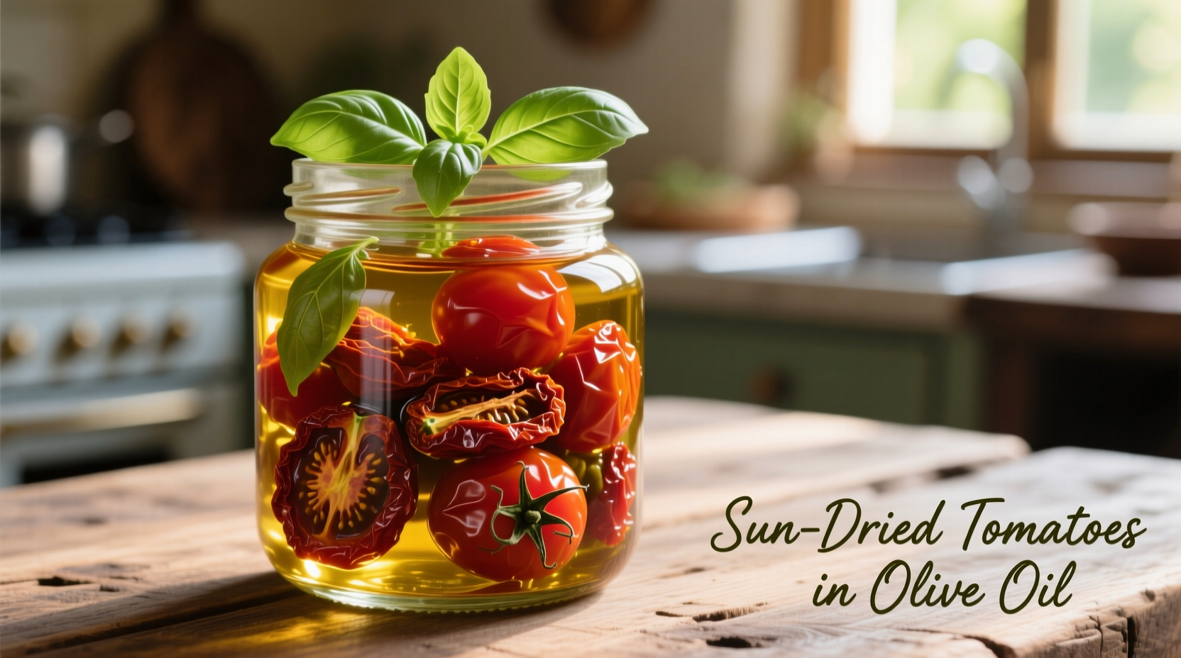 Sun-dried tomatoes in olive oil jar with fresh basil