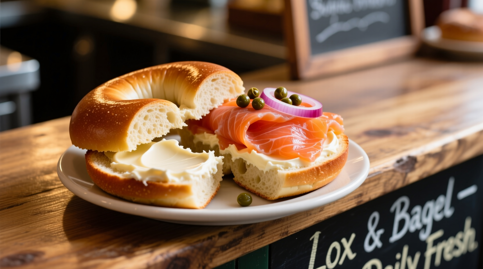 Traditional lox served on a bagel with cream cheese