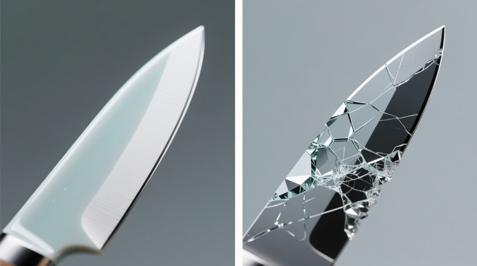Side-by-side macro-photographs showing an intact ceramic-knife edge (smooth, symmetrical bevel) next to the same blade after five uncalibrated diamond-rod passes (asymmetric thinning, visible micro-chipping at apex)