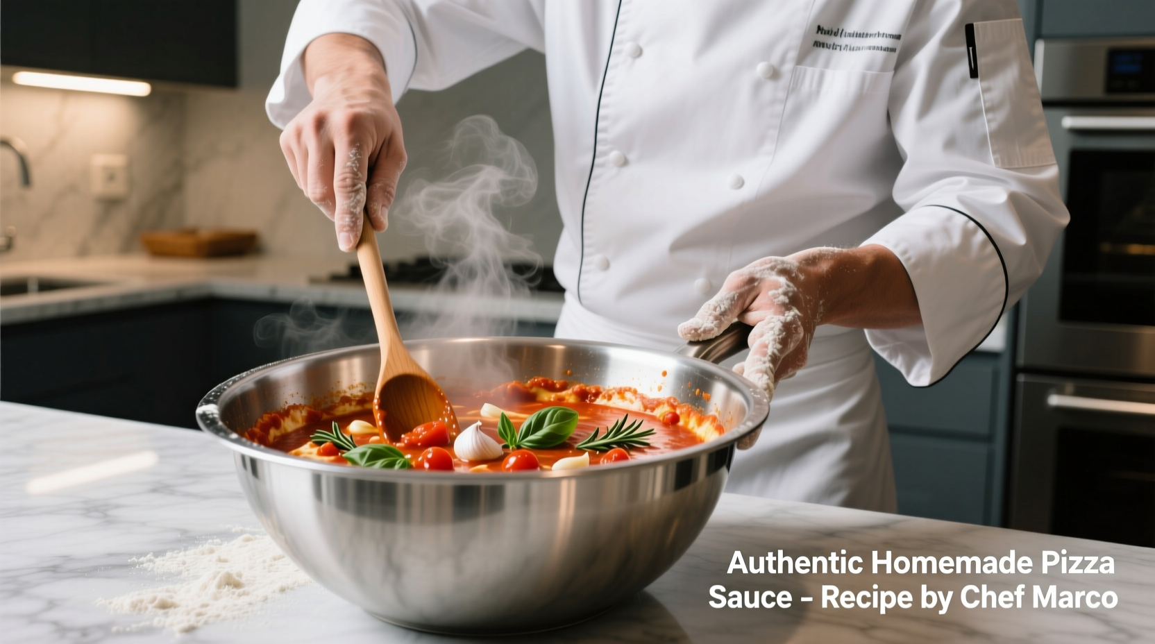 Chef mixing pizza sauce in stainless steel bowl