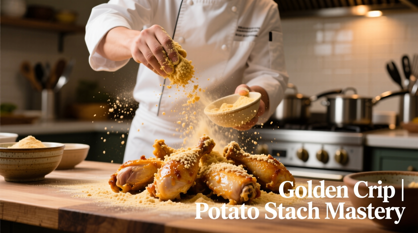 Chef using potato starch for crispy fried chicken coating