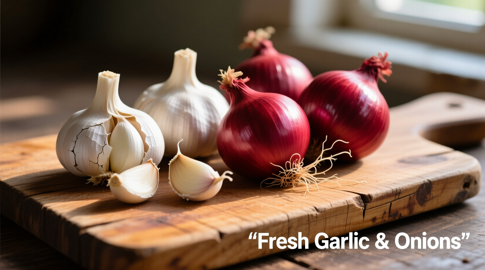 Fresh garlic cloves and red onions on wooden cutting board
