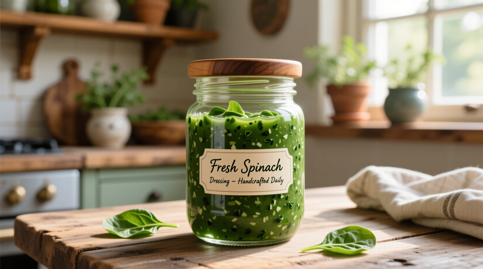 Homemade spinach dressing in glass jar with fresh spinach
