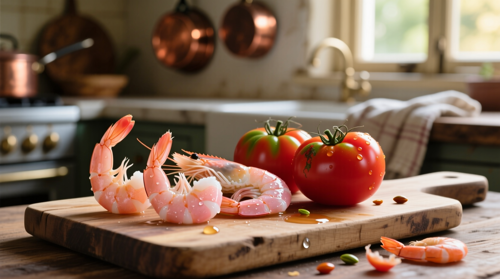 Fresh shrimp and ripe tomatoes on wooden cutting board